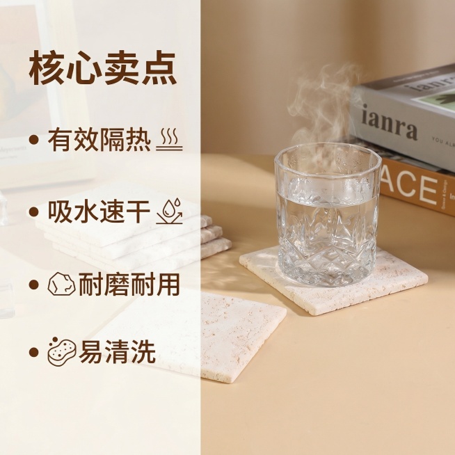 [主图 2 核心卖点] 米黄色洞石杯垫放置在办公桌面上，突出防烫隔热核心功能，采用左侧列表卖点布局，四个核心卖点 "有效隔热" "吸水速干" "耐磨耐用" "易清洗" 每个卖点搭配简约图标，垂直排列在预览效果