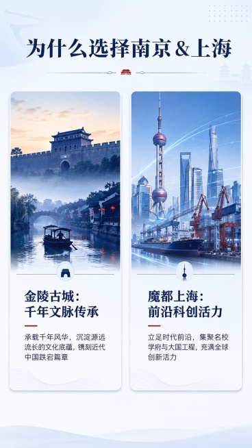南京·上海7日双城研学营 | 行走课堂，见证少年成长

这个夏天
我们将课堂搬到底蕴悠长的金陵古城与创新奔涌的上海魔都
让孩子挣脱书本的束缚
以脚步丈量千年历史
亲手探索前沿科技
在行旅之中拓宽视野预览效果