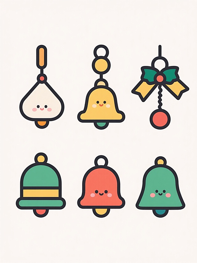 六个不同样式、不同元素、不同配色的铃铛图标，保持单个铃铛的扁平插画风格，简洁的线条勾勒，鲜明的纯色填充，每个铃铛具有独特的设计细节（如不同形状的铃铛主体、各异的挂饰元素、多样化的顶部装饰），色彩丰富且各不相同，所有铃铛在纯白色背景上以整齐的阵列形式排列，整体呈现出可爱、简洁、明快的视觉氛围。