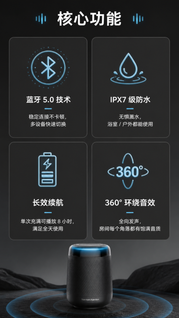 第 2 屏：核心功能图标区，尺寸790×1400px，配色：深灰卡片背景，图标用冰蓝色，文字用白色。文案（4 个核心卖点，4 宫格图标）：蓝牙 5.0 技术：稳定连接不卡顿，多设备快速切换；IPX7预览效果