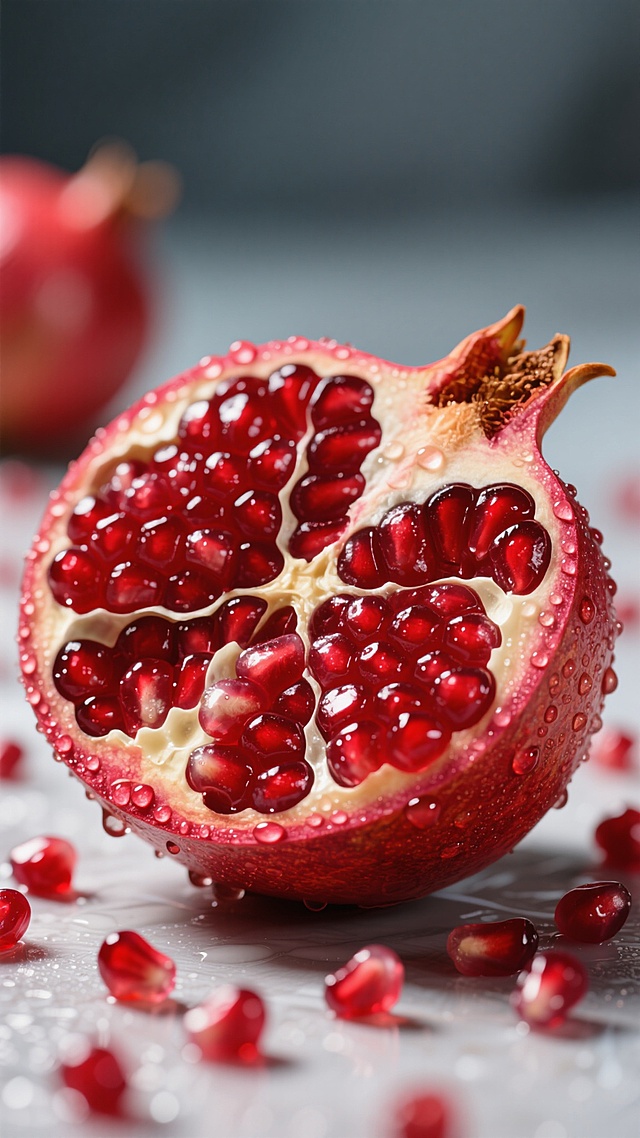 一张特写镜头下的石榴背景图，画面中展示了被切开的石榴果实，饱满的红色石榴籽紧密排列，晶莹剔透，果皮呈现出鲜艳的红色，表面覆盖着水珠，水珠在灯光下闪烁着光泽，背景中散落着一些石榴籽，整体画面色彩浓郁，光影对比强烈，营造出一种新鲜、水润、诱人的氛围，具有超写实的摄影质感，细节清晰，构图以石榴果实为中心，充满了自然的美感。