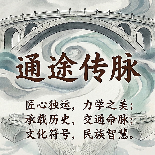 中式卷轴信息系统·桥梁篇《通途传脉》顶部细节图，呈现书法体“通途传脉”标题，背景融合赵州桥圆弧拱券纹样，线条细腻，标题下方是简述四大古桥工程价值的书法小字，色彩为水墨灰+石青色+碧绿色，文字为深棕色书法字体，清晰呈现拱券纹样肌理、书法字体笔触质感