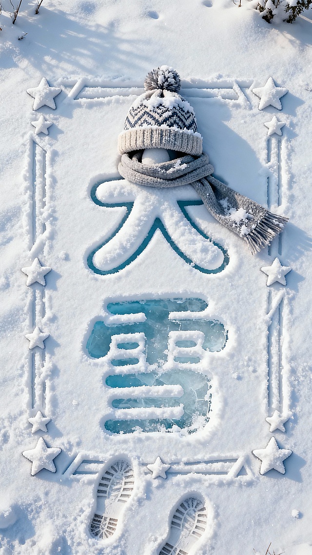 俯视视角，画面主视觉是雪地中的 “大雪”文字（字体圆润可爱），文字部分像被踩踏，露出淡蓝色冰面。雪质细腻带自然纹理，装饰帽子、围巾、足迹，搭配雪堆成的几何线条、星星元素作为边框。