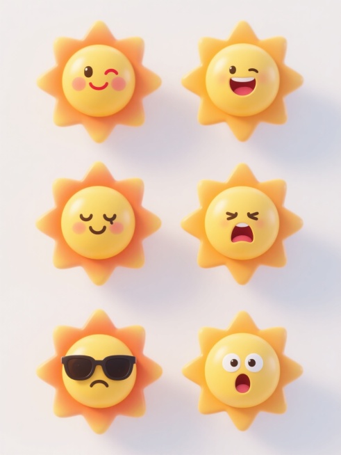 3D风格，六个完全不同样式、不同造型的太阳，每个太阳都具有圆润光滑的黄色主体和橙黄色渐变光芒，表面带有柔和高光和轻微阴影，呈现出卡通化的可爱质感，白色背景，整齐排列，太阳们表情各异，有的微笑眨眼带红晕，有的大笑露齿，有的害羞低头，有的酷帅戴墨镜，有的困倦打哈欠，有的惊喜睁大眼睛，整体风格统一为圆润可爱的3D卡通风格，色彩明快，光线柔和，构图对称均衡。预览效果