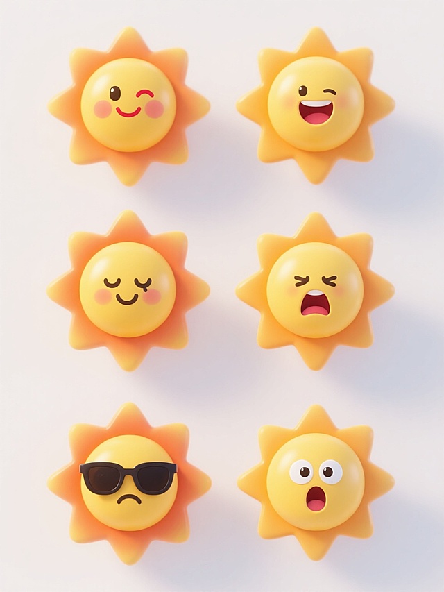 3D风格，六个完全不同样式、不同造型的太阳，每个太阳都具有圆润光滑的黄色主体和橙黄色渐变光芒，表面带有柔和高光和轻微阴影，呈现出卡通化的可爱质感，白色背景，整齐排列，太阳们表情各异，有的微笑眨眼带红晕，有的大笑露齿，有的害羞低头，有的酷帅戴墨镜，有的困倦打哈欠，有的惊喜睁大眼睛，整体风格统一为圆润可爱的3D卡通风格，色彩明快，光线柔和，构图对称均衡。