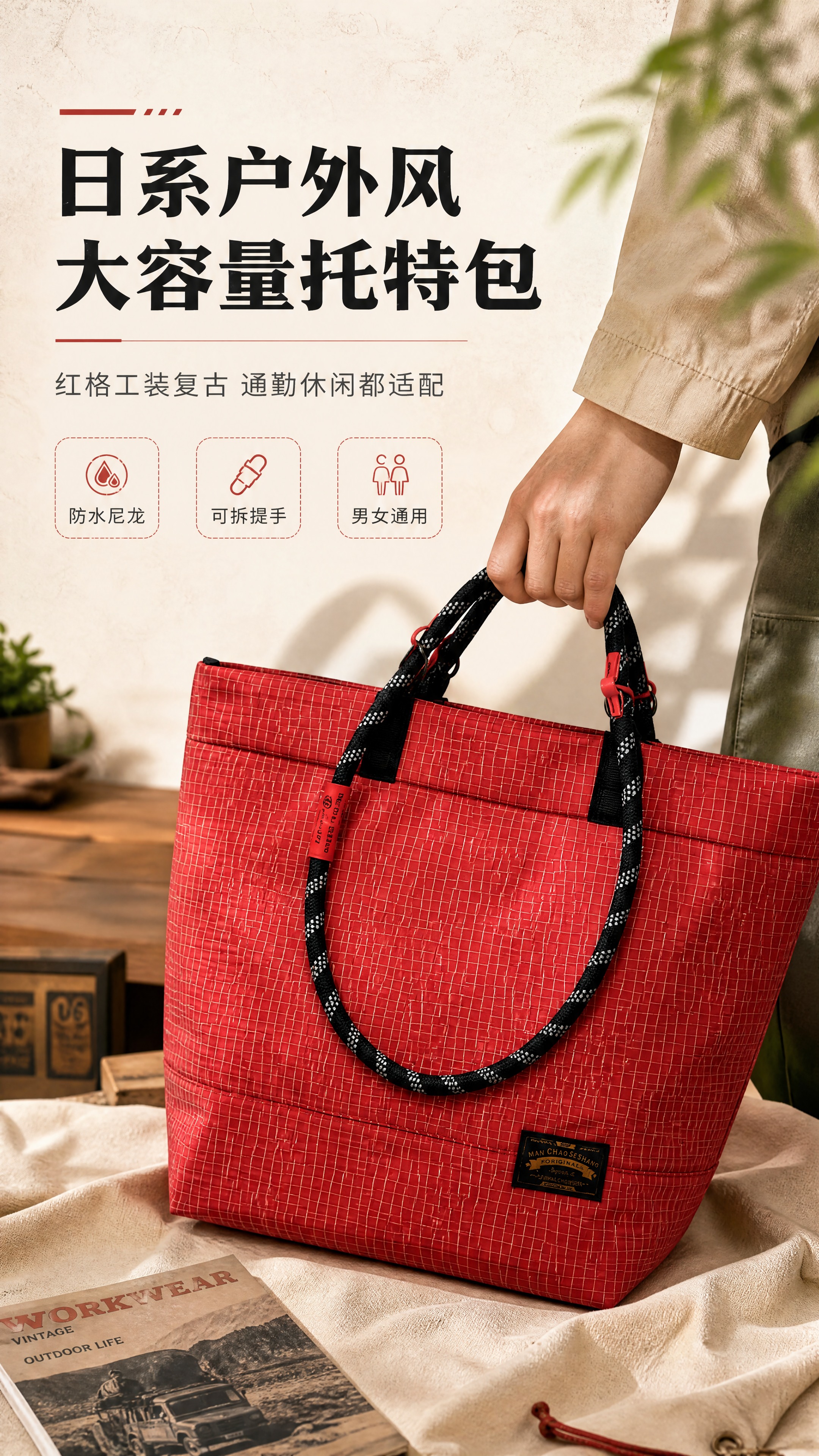 [商品] 使用【图1】红色细格纹防水尼龙托特包；商品处理：保留… - 图片创意预览