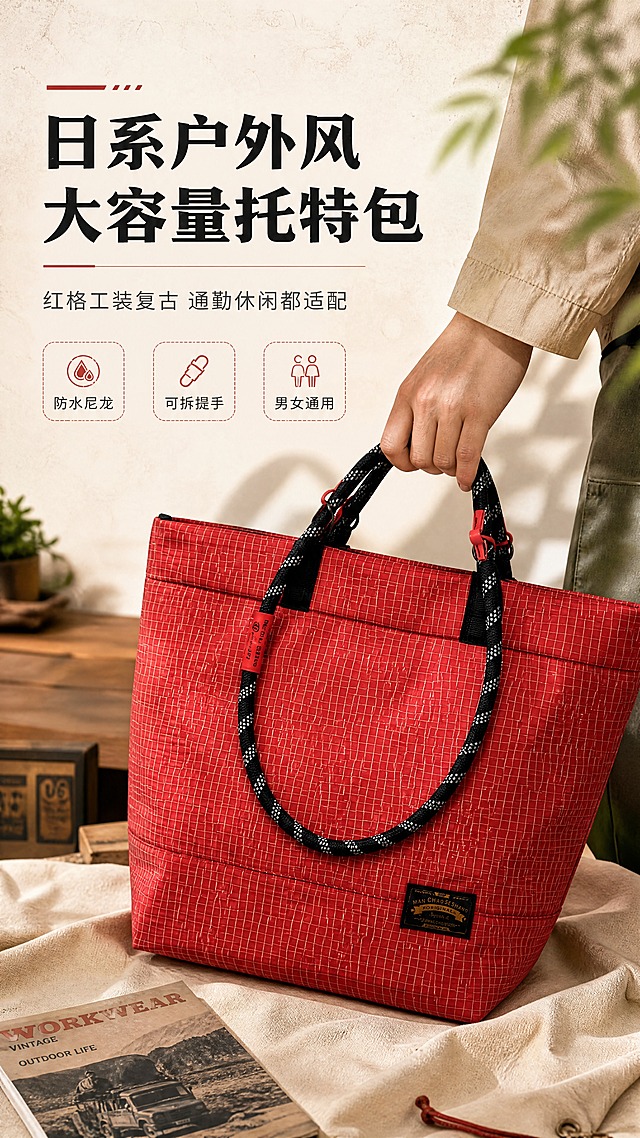 [商品] 使用【图1】红色细格纹防水尼龙托特包；商品处理：保留梯形包身、红色细格纹面料、黑白点攀岩绳手提带、红色快拆扣、正面黑色复古皮标、包身分段车线结构、颜色和材质；自然理顺包型，增强面料格纹纹理、绳带编织质感、五金扣具光泽和缝线清晰度，不改变版型、颜色和结构。
[画面] 目标：日系户外工装复古风格头图，突出包的整体造型与手拎氛围感；构图：上半部分留白放标题，下半部分主体包呈45度角斜向摆放，一只手自然搭在提手上，营造手拎使用感；主体占画面60%，前景铺浅米色帆布和一本复古杂志，中景是包主体，后景虚化的木质桌面与绿植叶片；阅读动线从上到下，先看标题再看产品。
[视觉] 套系策略：风格=日系户外工装复古商业摄影；标题字=粗黑体带复古衬线细节；正文字=简洁无衬线体；主色=复古红+米杏色；背景延展=基于米杏色做深浅层级、同色渐变和细腻帆布/旧纸张质感；强调色=复古红，仅用于小面积图标、引线、标签和标题装饰；标题色=深炭黑；正文色=中暖灰；组件=圆角米白底信息卡、红色细线引线、复古标签贴纸；光影=左前侧暖柔光，自然投影。
[文字] 左上区域主标题「日系户外风 大容量托特包」，副标题「红格工装复古 通勤休闲都适配」，下方3个小标签：防水尼龙、可拆提手、男女通用；文字不遮挡包身主体和皮标。
[规格] 图片比例9:16竖版，4K分辨率，避免变形、错字、文字过小、冷蓝背景、包颜色改变、版型失真、白底孤立。