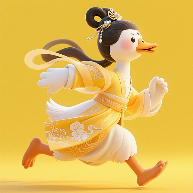 （嫦娥服饰和发型）的拟人化鹅形象在奔跑，动态感强。黄色背景