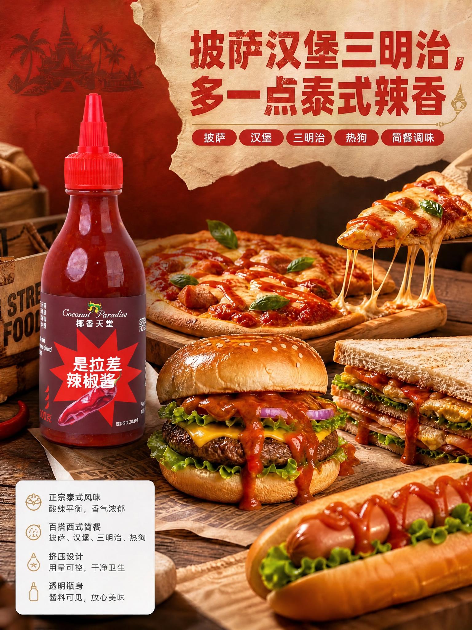 这是一张电商详情图（图1），画面中有一个红色尖嘴盖辣椒酱瓶。请… - 图片创意预览