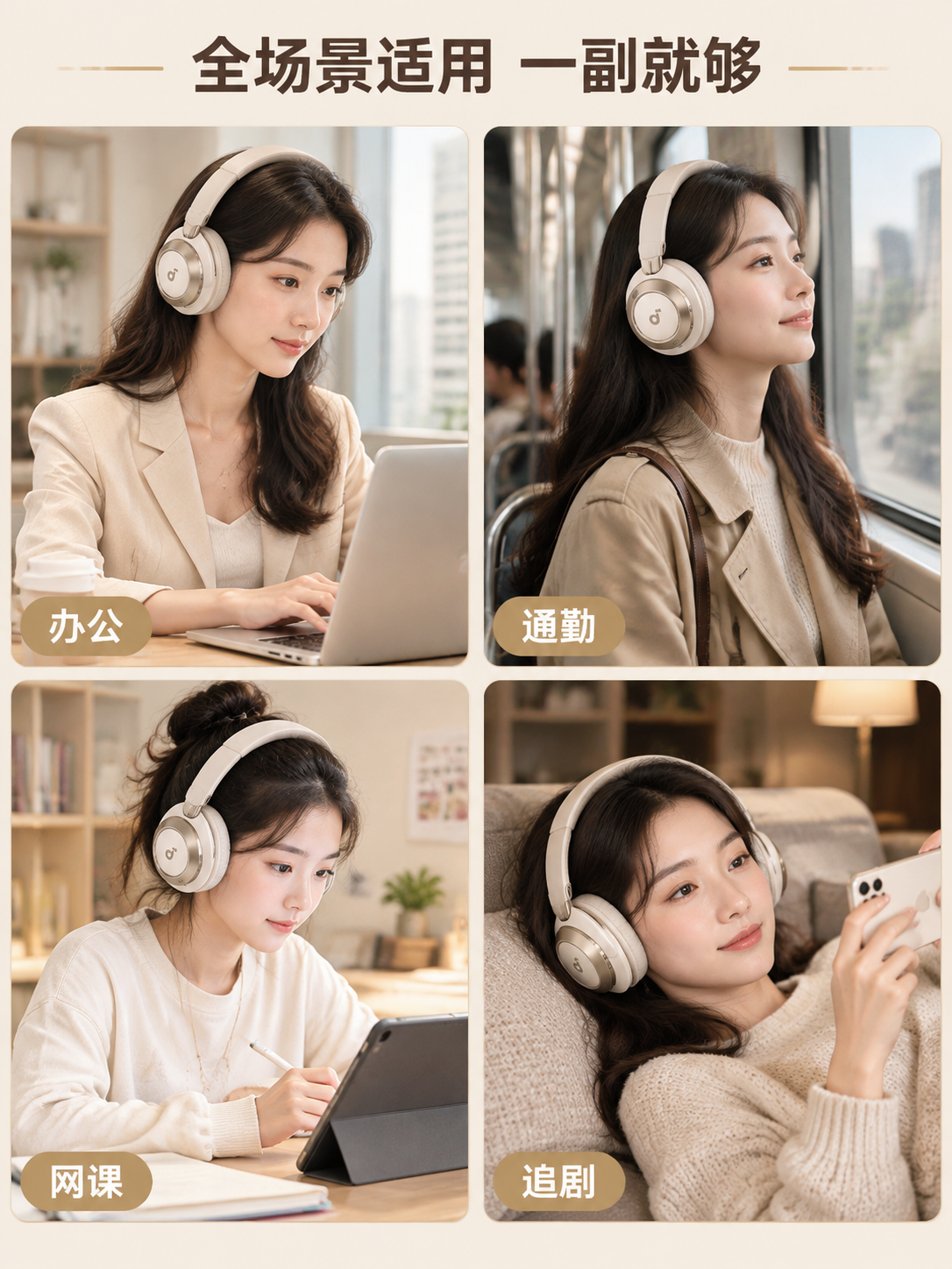 [商品] 使用【图1】奶白轻奢主动降噪头戴式蓝牙耳机；保留全部… - 图片创意预览