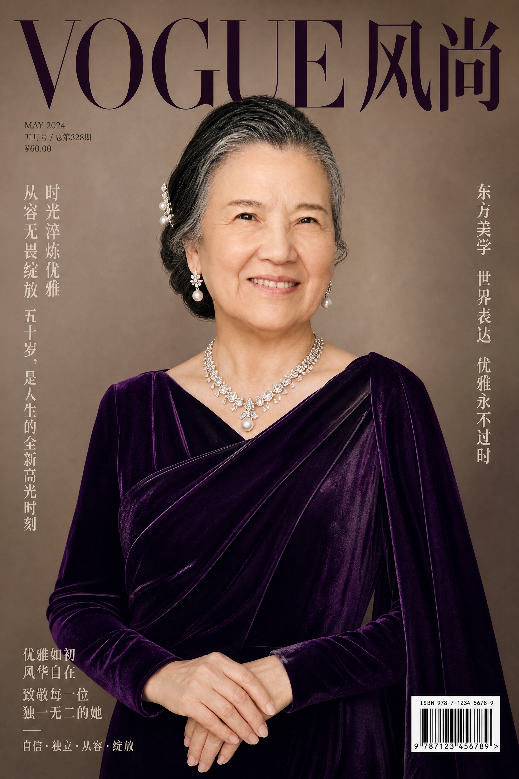 中国高端时尚杂志封面，50岁优雅东方女性，保留参考图的人脸特征… - 图片创意预览