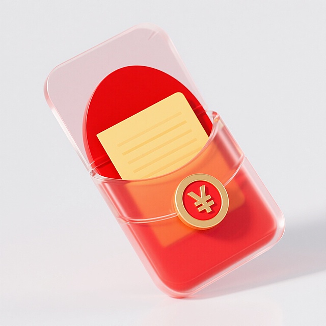 现代感3D风设计，轻拟物风格红包盒，金色货币符号点缀，简约时尚。