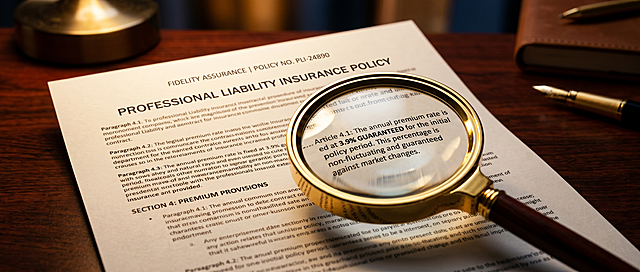 Close-up macro photography of a professional insurance contract document on a mahogany desk. A gold-rimmed magnifying glass hovers over fine-print text showing '3.9%' and 'guaranteed' clauses. Warm ambient lighting from a desk lamp creates dramatic shadows, shallow depth of field with soft bokeh background, premium financial advisory aesthetic. Shot on 100mm f/2.8 macro lens, cinematic color grading with deep navy and warm amber tones, editorial photography style, with ultra-detailed paper texture and ink.