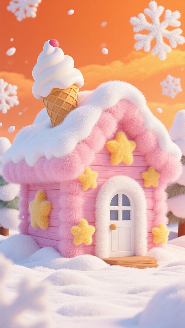 画面中心是粉色的小木屋（白色门和窗），上面有星星的装饰，屋顶覆盖白雪，房顶上有一个巨大的被雪覆盖的冰淇淋，橙色的天空，周边飘着白色雪花，地面有积雪