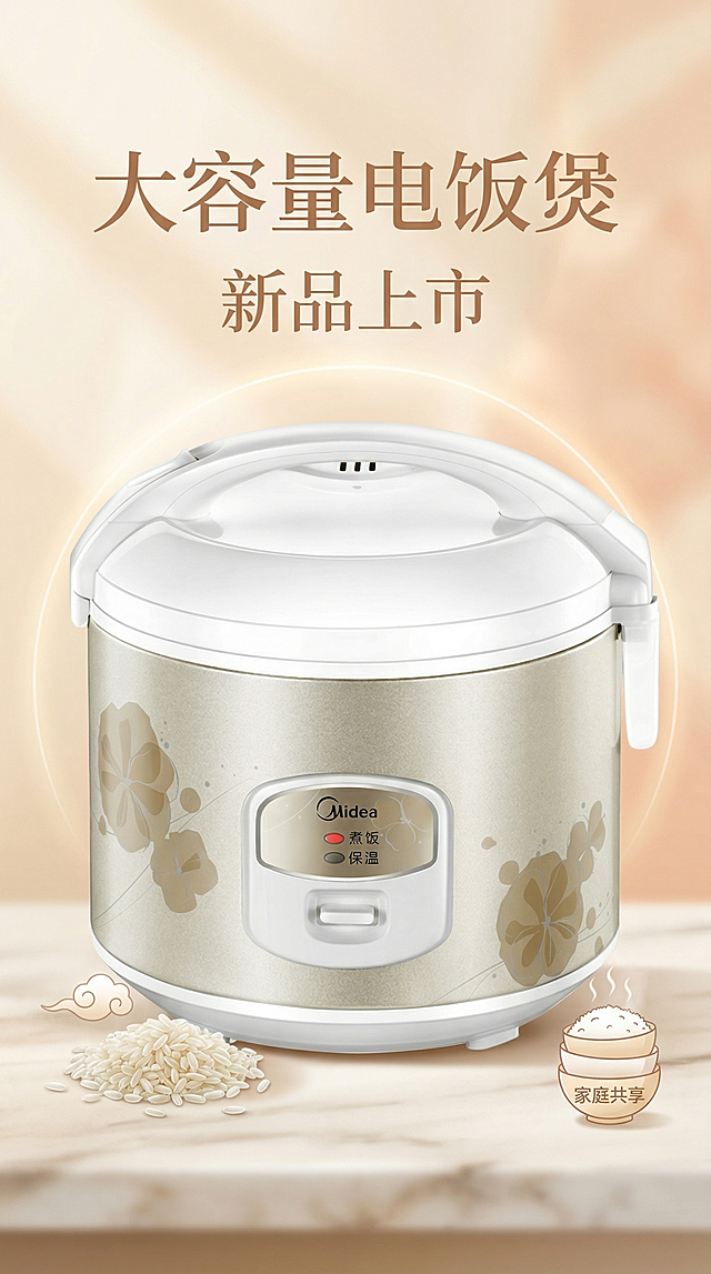 竖版电商海报，主体为给定的美的大容量电饭煲，主标题文字为“大容量电饭煲”，副标题文字为“新品上市”，整体风格简约清爽，暖色调，突出电饭煲的品质感和新品卖点