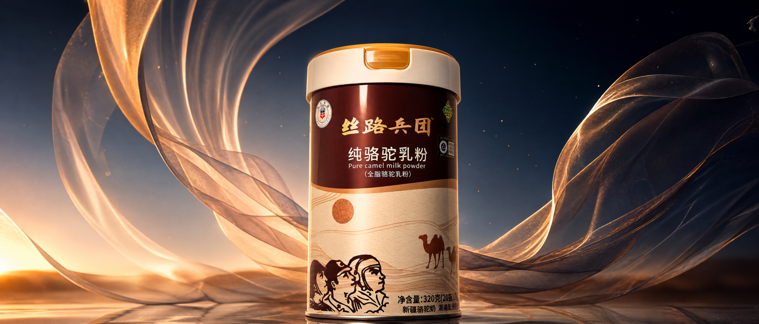 Artistic luxury visualization of the wine-red camel milk powder can with metallic gold accents, cent预览效果