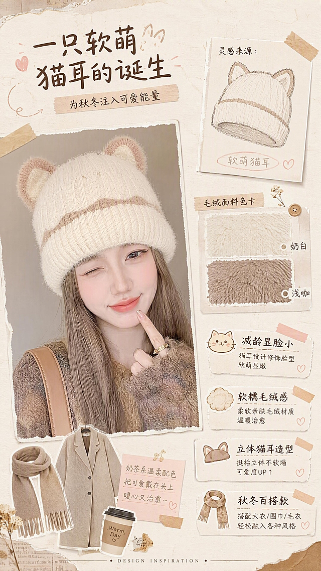 [第2张] 设计理念页——软萌猫耳造型灵感解析。本张使用【图3】奶白拼咖色猫耳帽作为主视觉产品参考。
[氛围/风格] 温柔治愈系，韩系轻复古画报风，暖调奶茶色，纸张拼贴质感，文艺气息。
[元素布局] 画面左侧为奶白拼咖色猫耳帽佩戴半身模特图（来自图3），模特微笑眨眼，表情甜美，帽子猫耳立体突出；右侧为设计灵感拼贴区，包含：手绘猫耳线稿小图、毛绒面料色卡（奶白+浅咖）、秋冬穿搭元素小图标（围巾、大衣、咖啡杯）、手写体风格关键词；背景为浅米色纸张纹理，有轻微做旧质感，散落细线、胶带贴纸等手账元素；帽子结构、颜色、材质与输入图一致。
[光影质感] 柔和自然光感，左侧主光，右侧漫反射补光，整体均匀明亮，毛绒纹理细腻有光泽，阴影柔和不生硬。
[配色色系] 全局底色 #FAF3EB 奶杏色；主色奶白+浅咖拼色；辅助色深咖文字、浅粉点缀；点缀色焦糖色装饰线。
[视角构图] 左右分栏构图，左图右文，阅读动线从左上标题 → 左侧模特图 → 右侧灵感关键词。
[文字版式] 版式为左上标题 + 左图右文拼贴式布局。主标题「一只软萌猫耳的诞生」，副标题「为秋冬注入可爱能量」，主标题圆润手写体，深咖色，位于左上；右侧分布4个设计关键词标签：「减龄显脸小」「软糯毛绒感」「立体猫耳造型」「秋冬百搭款」，每个关键词配小图标，采用贴纸式排版，错落有致；底部有小号英文「DESIGN INSPIRATION」装饰。
[比例分辨率] 9:16 竖版比例，4K 分辨率，文字清晰可辨，高清画质。
[负向提示词] 帽子变形，颜色偏差，文字错乱，文字过小，水印，背景杂乱，人物面部扭曲，贴纸元素模糊。