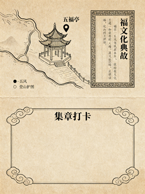 登山护照内页，包含五福亭地图位置标注、福文化典故文字区域、集章打卡空白区域，排版清晰，古风风格与封面统一预览效果