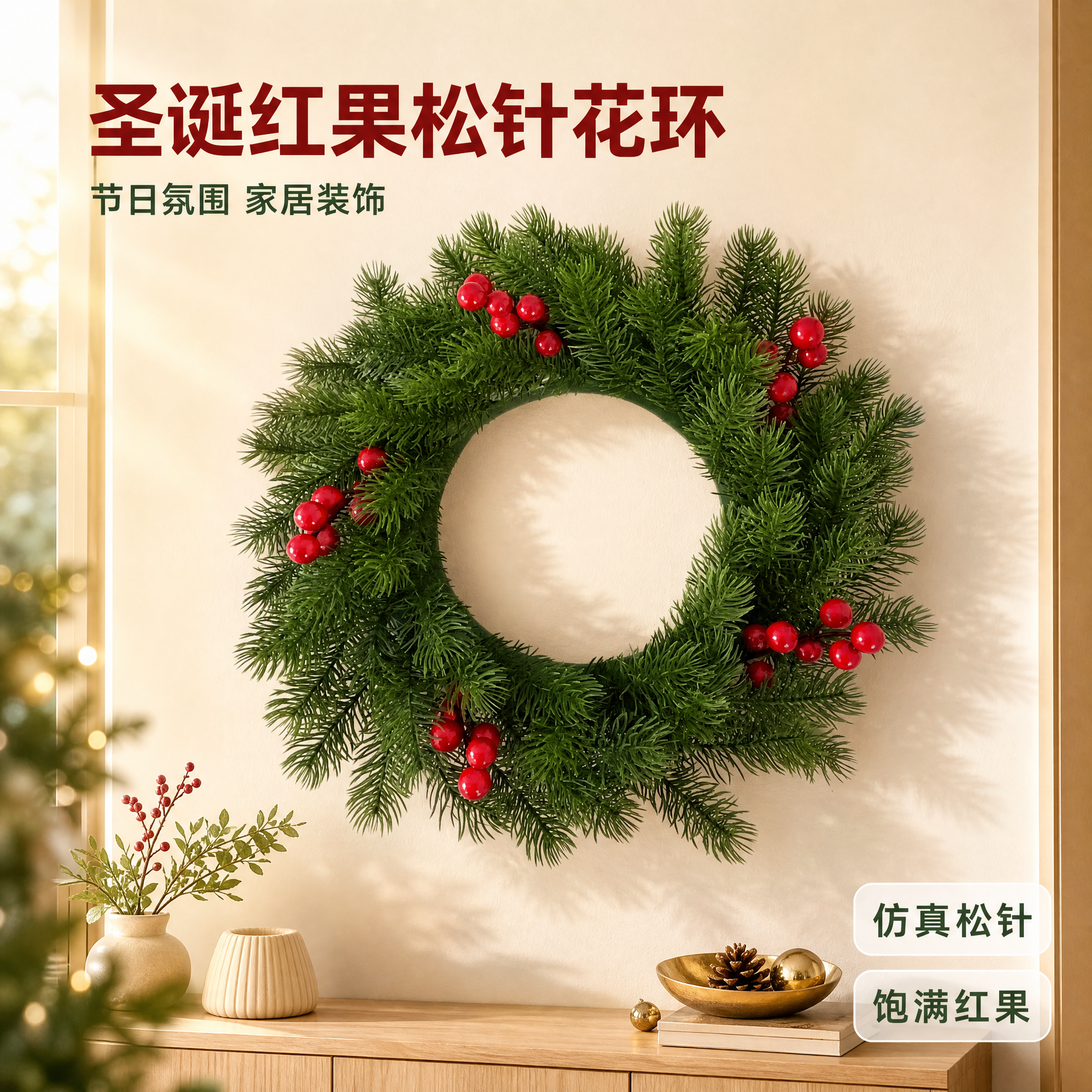 [主图-1] 圣诞红果松针花环空间氛围英雄图，突出节日温馨氛围… - 图片创意预览