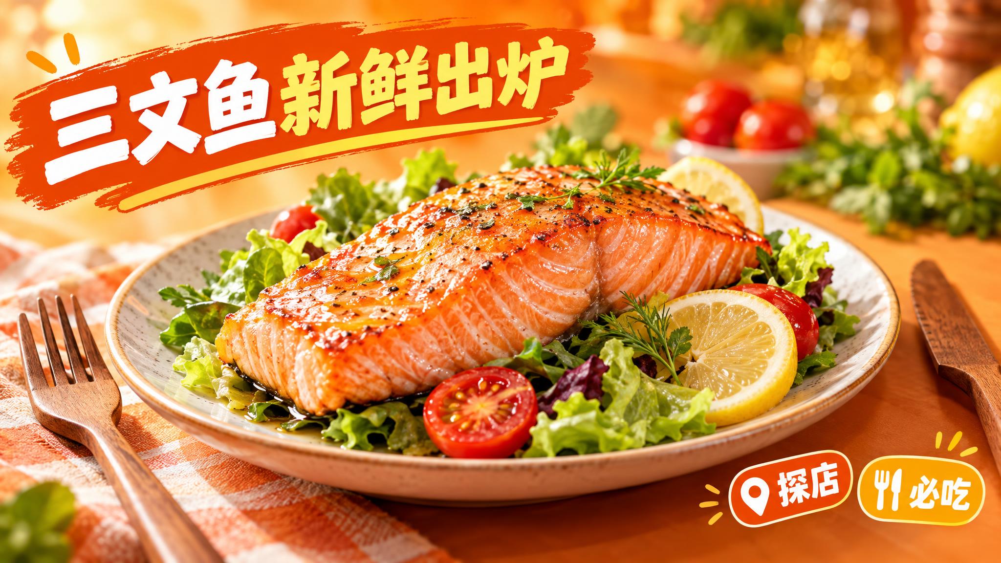 活力美食风格，暖橙色背景，画面中心是一盘色泽诱人的三文鱼，三文… - 图片创意预览