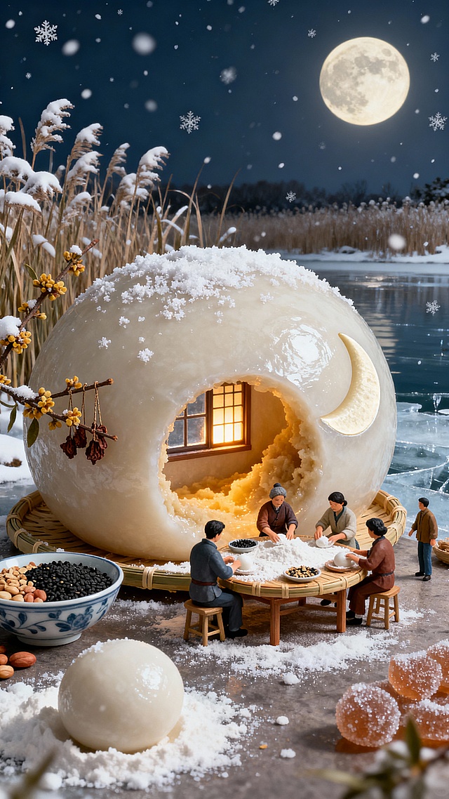 主视觉：半透明糯米质感的巨型汤圆，表面泛着柔和的米白色光泽，一侧有月牙形 “入口”，隐约能看到内部暖光。
内部场景：暖黄灯光模拟芝麻馅的绵密感，一家人围坐竹制圆桌包汤圆，桌上铺洒糯米粉，放着装满黑芝麻、花生碎的瓷碗，窗边挂着风干的桂花枝，空气里似有甜香。
外部环境：空间外是结着薄冰的湖面，地面散落巨型糯米粉团、糖霜装饰，背景是覆雪的芦苇丛与挂着圆月的夜空，雪花落在汤圆 “外壁” 上，像撒了层白糖。