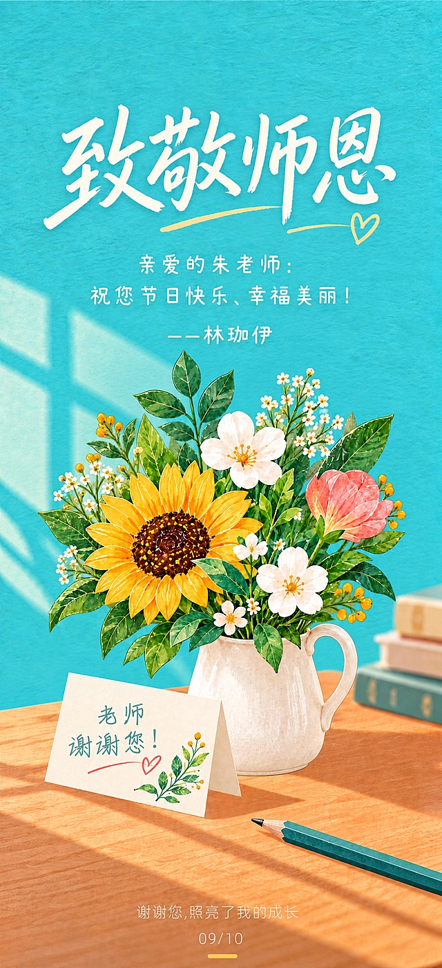 基于参考图进行修改，保留原图所有视觉元素和风格：1. 去掉左上角的“稿定 YOUR LOGO”文字和右上角的“中国传统节日”文字，用周围的青蓝色背景自然填充修复；2. 将“繁花寄情，感恩师者守望”这段文字替换为“亲爱的朱老师：祝您节日快乐、幸福美丽！——林珈伊”，字体风格、颜色和大小与原文字保持一致，居中对齐；3. 将底部的“照亮了我们的成长”修改为“照亮了我的成长”，保持原有字体、颜色和排版样式不变。整体画面风格、花束、桌面、光影等所有其他元素完全保留不变。
