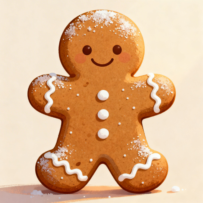 可爱的姜饼人，造型圆润，带着微笑，有糖霜装饰，暖色调风格预览效果