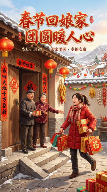 竖版春节回娘家主题问候海报，画面中有提着礼品笑盈盈的女儿，和在门口迎接的父母，背景是带有红灯笼、春联的温馨农家小院，上方有文字“春节回娘家，团圆暖人心”，充满温馨喜庆的春节氛围预览效果