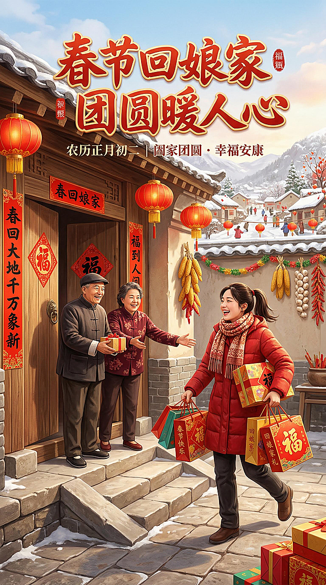 竖版春节回娘家主题问候海报，画面中有提着礼品笑盈盈的女儿，和在门口迎接的父母，背景是带有红灯笼、春联的温馨农家小院，上方有文字“春节回娘家，团圆暖人心”，充满温馨喜庆的春节氛围