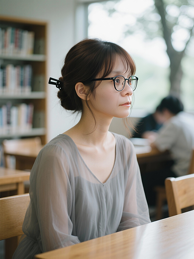 胶片风质感，东亚文艺美学，柔和光线营造清新舒适氛围，实景感书屋场景，静谧中透出悠然诗意。