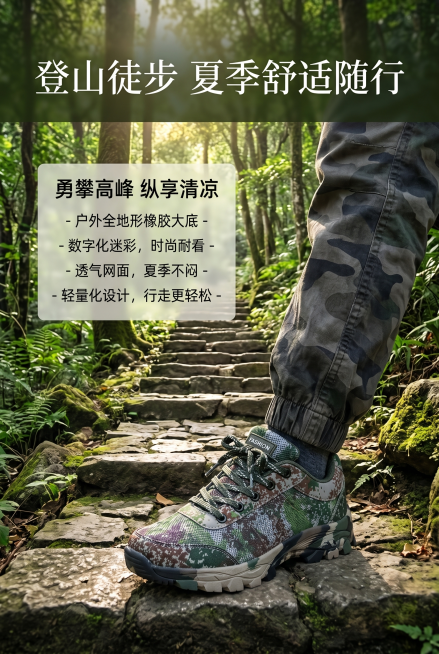 户外山林徒步场景，迷彩作训鞋踩在石阶路面，背景绿意清新，主标题"登山徒步 夏季舒适随行"，副标题和核心文案正常排版预览效果