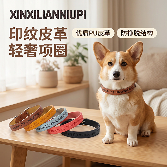 「图片1」，生成一套主图（5张），商品名称是印纹皮革轻奢项圈，卖点是优质 PU 皮革，压印图案 + 字母设计，防挣脱 + 防咬结构 风格是日系治愈风，适配淘宝/天猫平台，主图比例为1:1