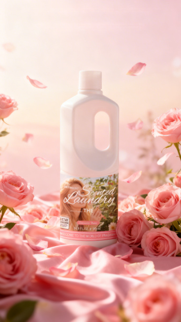 玫瑰洗衣液产品海报，白色瓶体颜色和包装上文字保持不变，瓶子居中放置在粉色的绸缎布上面，周围包围着很多粉色玫瑰和飘落的花瓣，柔和的左侧光打在瓶身和花瓣上，背景是梦幻的浅粉色到柔奶油色的渐变，带有微妙的散预览效果
