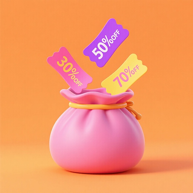 软3D风格粉色钱袋，溢出多彩折扣券，塑料质感搭配明亮色块，营造强烈促销氛围，适合节日营销视觉。