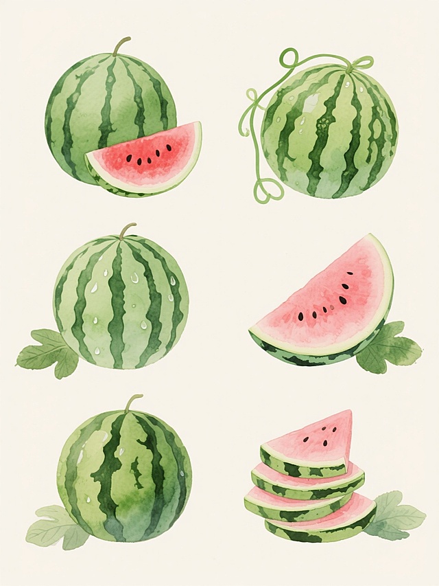 水彩风格插画，六个不同样式的西瓜，浅色背景，上下两行对齐排列。每个西瓜都有独特的造型和细节，包括完整的圆形西瓜、切开的半月形西瓜露出红色果肉和黑色种子、带有绿色藤蔓的西瓜、表面有不同条纹图案的西瓜、带有水滴效果的西瓜以及切片堆叠的西瓜。色彩清新明快，以绿色瓜皮和粉红色瓜瓤为主色调，搭配深绿色的西瓜纹路和黑色种子作为点缀。每个西瓜都配有几片绿色的西瓜叶，叶子边缘有自然的水彩晕染效果。整体构图采用上下两行三列的对齐排列方式，西瓜之间保持均匀的间距，背景为纯净的浅色，突出西瓜的主体地位。水彩笔触自然流畅，色彩过渡柔和，带有轻微的水痕和透明感，呈现出清新、自然、手绘的艺术效果。