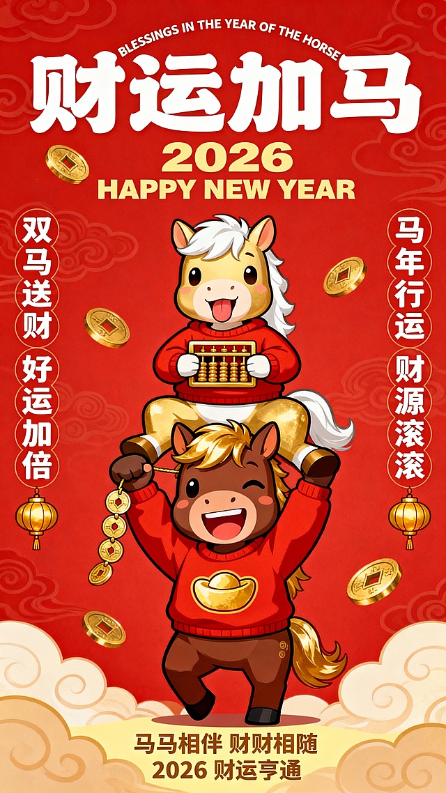 国潮风插画，拟人化双马萌趣互动，红金配色尽显喜庆，鎏金元素点缀财运，卡通感十足，传递2026马年吉祥祝福。