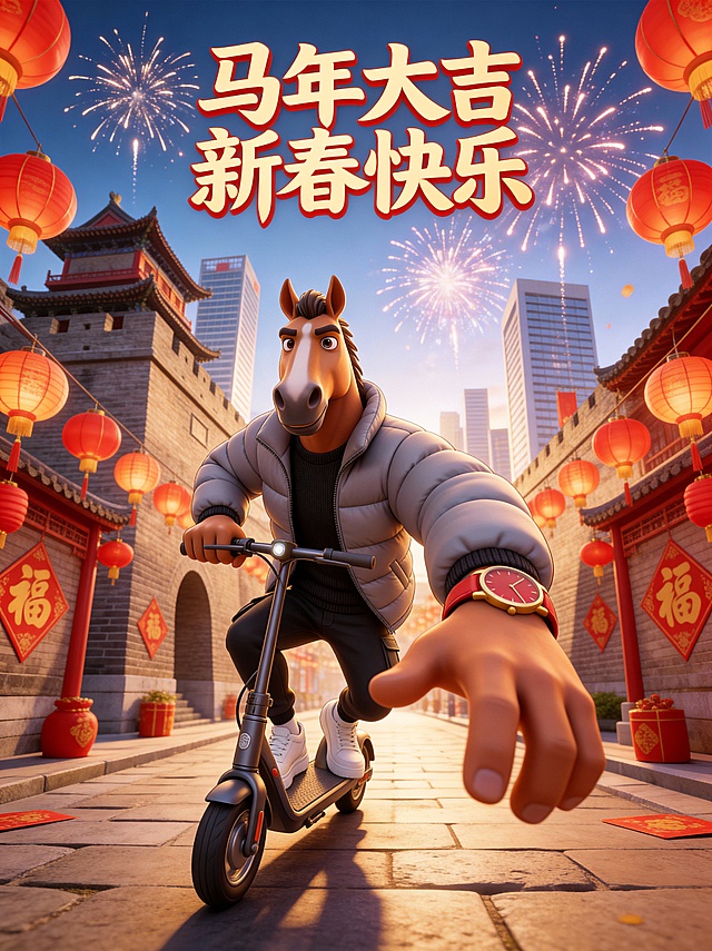 国潮风3D卡通马拟人骑电动滑板车，喜庆红灯笼与烟花映衬古建筑街景，软3D质感融合中式元素，传递新春祝福。