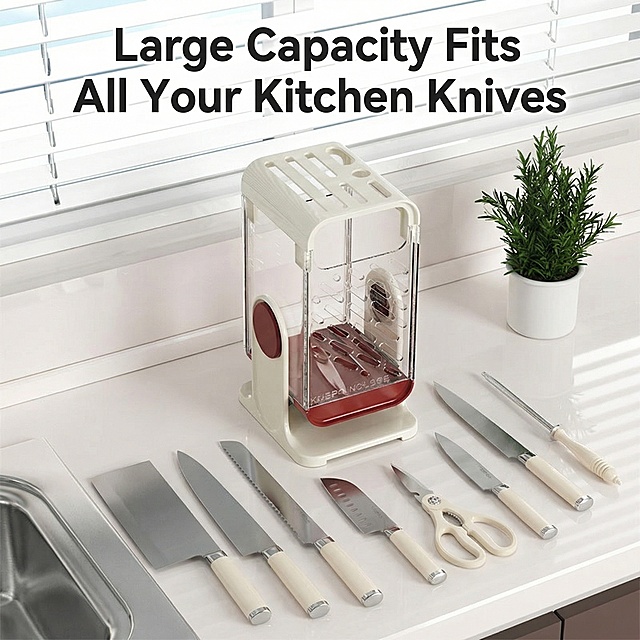 [Main Image 5] Keep product consistent with reference, this picture shows that the knife holder can accommodate various types of knives, with multiple knives, scissors and sharpening rod placed around the product to show the large capacity. Main title "Large Capacity Fits All Your Kitchen Knives", placed at top bold text, background is clean kitchen countertop with natural light, all text in English. [Style] Keep consistent with overall style of the previous four images, uniform light and color matching. [Ratio resolution] 1:1 ratio, 2K resolution.