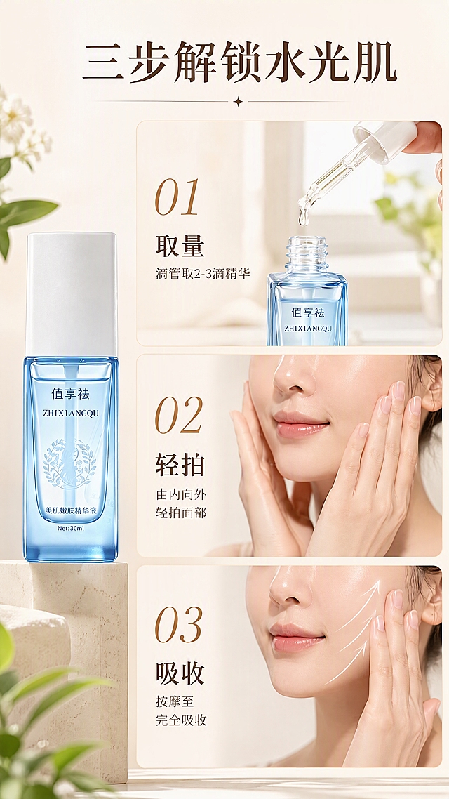 [第6张] 详情页使用步骤-早晚护肤三步法流程。本张使用【图1】作为商品主体，融入步骤场景。
[氛围/风格] 清新生活感美妆教程风，温暖治愈，步骤清晰，商业生活摄影质感。
[元素布局] 画面纵向分为三步阶梯式布局，从上到下依次展示三个使用步骤场景；第一步：洁面后取适量精华（滴管取液特写+产品瓶身）；第二步：掌心温热轻拍上脸（手部+脸部局部）；第三步：按摩至吸收（手指按摩脸部线条）；每步都有小图+编号；精华液瓶身置于左侧贯穿三步，占比约25%；瓶身外观与输入图一致。
[光影质感] 柔和自然光，模拟晨间窗台光线，整体明亮温暖，每步场景光感统一。
[配色色系] 全局底色暖白#FFFAF3渐变到浅杏#FFE8D6；主色暖肤色+冰蓝产品；辅助色淡绿植物点缀。
[视角构图] 纵向三步阶梯构图，阅读动线从上到下依次阅读三步。
[文字版式] 顶部主标题「三步解锁水光肌」；每步左侧大号数字编号「01」「02」「03」，右侧步骤标题+简短说明：「01 取量 滴管取2-3滴精华」「02 轻拍 由内向外轻拍面部」「03 吸收 按摩至完全吸收」；字体清晰易读，步骤感强。
[比例分辨率] 9:16竖版比例，4K分辨率，文字清晰可辨，高清画质。
[负向提示词] 产品变形，颜色偏差，水印，文字错乱，全脸人像，优惠信息。