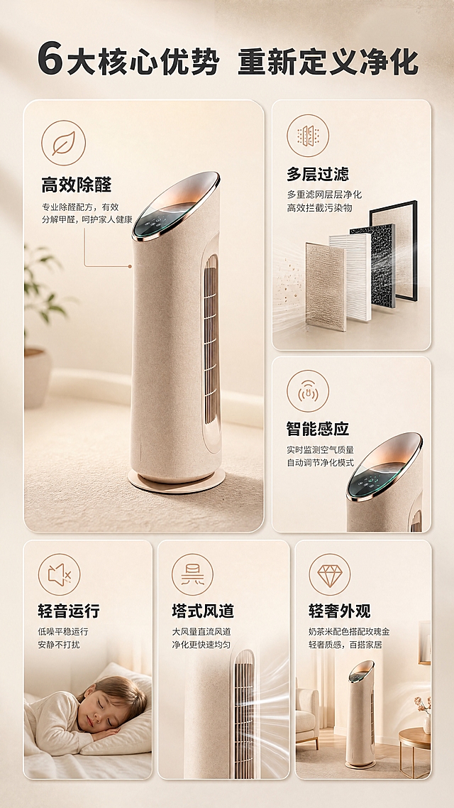 [商品] 使用【图1】奶茶米色塔式空气净化器；保留整体修长塔状结构、磨砂颗粒质感机身、玫瑰金顶部触控面板、侧面出风格栅、圆形底座；产品角度为正面微侧。
[画面] 目标：核心卖点总览，建立产品价值认知。版式=左1大卡 + 右2小卡瀑布流，共6个卖点分区；大卡片放产品主图（占画面约45%），右侧上下排列2张小卡，下方再横向排列3个小卖点卡；每张卡片含图标+短标题+一句话说明。
[视觉] 套系策略：风格=轻奢高级感商业摄影；标题字=现代无衬线粗体（思源黑体Heavy）；正文字=简洁无衬线体（思源黑体Regular）；主色=奶茶米杏；背景延展=基于奶茶米杏做深浅层级、同色渐变和细腻微水泥/织物质感；强调色=玫瑰金，仅用于小面积图标、引线、标签；标题色=深炭灰；正文色=中暖灰；组件=圆角浅底信息卡、细线引线、圆点装饰；光影=左前侧暖柔光。
[文字] 顶部主标题"6大核心优势 重新定义净化"，6个卖点分别为：「高效除醛」「多层过滤」「智能感应」「轻音运行」「塔式风道」「轻奢外观」；每个卖点配玫瑰金细线图标，文字横排，层级清晰。
[规格] 图片比例9:16竖版，4K，负向提示：避免变形、错字、文字过小、冷蓝/蓝灰背景、产品颜色改变、纯白底icon宫格、竖排文字。