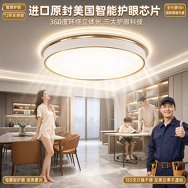 [主图-3] 轻奢书房+餐厅一体空间护眼吸顶灯场景图。
[氛围风格] 现代轻奢开放式书房餐厅一体空间，明亮通透的居家学习用餐氛围。
[画质] 商业摄影质感、光线柔和通透、产品清晰真实、画面干净高级、超高清细节。
[元素] 画面上方中心是一盏轻奢风格圆形吸顶灯作为绝对主体，灯体精致大气，无缝设计+金属装饰边，灯具占画面约60%。灯向下发出明显的明亮柔光光束，光束效果清晰，360度环绕立体光均匀洒满空间。空间为轻奢开放式书房+餐厅一体：一侧是轻奢餐桌椅，岩板餐桌+皮质餐椅；另一侧是书房区域，书桌+书架。地面是浅灰色大理石瓷砖，墙面是浅色艺术漆+金属线条装饰。画面左侧一位身高1.75米的年轻美女，穿短款轻奢睡衣，不穿鞋，露出性感长腿，站在餐桌旁抬头仰望灯具，眼神欣赏。画面中间偏右一个小男孩坐在书桌前认真看书学习。男主站在小孩身旁，微笑着看着小孩看书。画面右下角一位穿电工制服的师傅，竖起大拇指微笑点赞。室内灯光自然明亮，空间宽敞通透。广角镜头拍出大空间纵深感。灯具是主要主体，重点突出灯，文字不遮挡灯具。
[光影] 主光源来自顶部吸顶灯向下投射的明亮柔光光束，光束效果明显，360度环绕立体光感强，在桌面和地面形成清晰柔和光斑；辅助光来自环境反射，整体光线明亮均匀，明暗层次丰富，金属、玻璃、石材有精致高光。
[配色] 主色调浅灰+米白轻奢色系，辅助色金属金+深棕木色，强调色冷白光。
[视角构图] 广角平视，灯具位于画面上方中心，人物分布在画面中下部两侧负空间，空间纵深感强，前中后景分层清晰。
[文字版式] 画面顶部居中大字主标题："进口原封美国智能护眼芯片"，粗体醒目，白色带金色描边，字号最大。主标题下方："360度环绕立体光 三大护眼科技"，稍小字体。左上角轻标签："智慧护眼"、"12年长照明"，金色底白字小标签。右上角轻标签："全光谱98+ 国标高端光源"。底部左侧："母婴级护眼 明亮柔光"，底部右侧："365天只换不修 足亮功率不虚标"。所有文字清晰可辨，肉眼好分辨，放在负空间不遮挡灯具，排版合理融洽，有点击欲望。
[输出要求] 1:1比例，800x800像素，文字清晰锐利，超高清商业摄影质感。
[负向提示词] 变形，文字错乱，产品模糊，背景杂乱，水印，电商平台Logo，商标，多余的手，畸形手，手指扭曲，面部扭曲，肢体穿模。