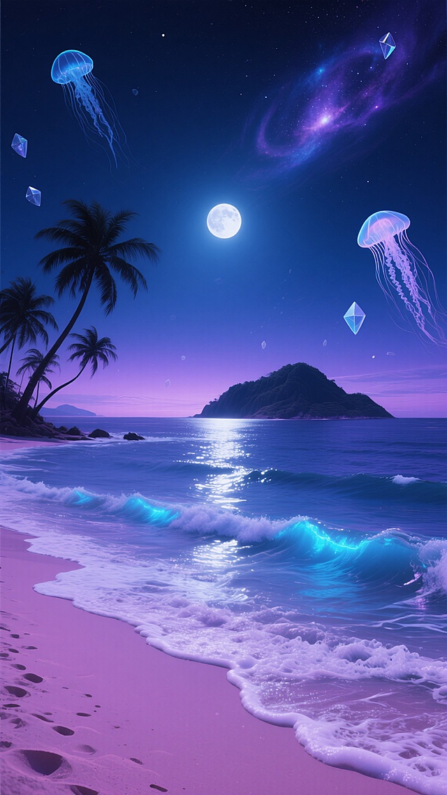 超现实主义风格海边风景，深邃靛蓝与紫罗兰渐变的夜空笼罩海面，月光在波光粼粼的海水上形成银色光带，沙滩呈现梦幻的粉紫色调，海浪泡沫泛着荧光蓝，远处岛屿轮廓被星云环绕，天空点缀着漂浮的半透明几何晶体和发光水母状生物，椰子树的剪影呈现出扭曲的超现实形态，整体画面充满神秘幽静的未来感，构图采用低角度仰望视角，突出天空与海面的奇幻色彩对比。