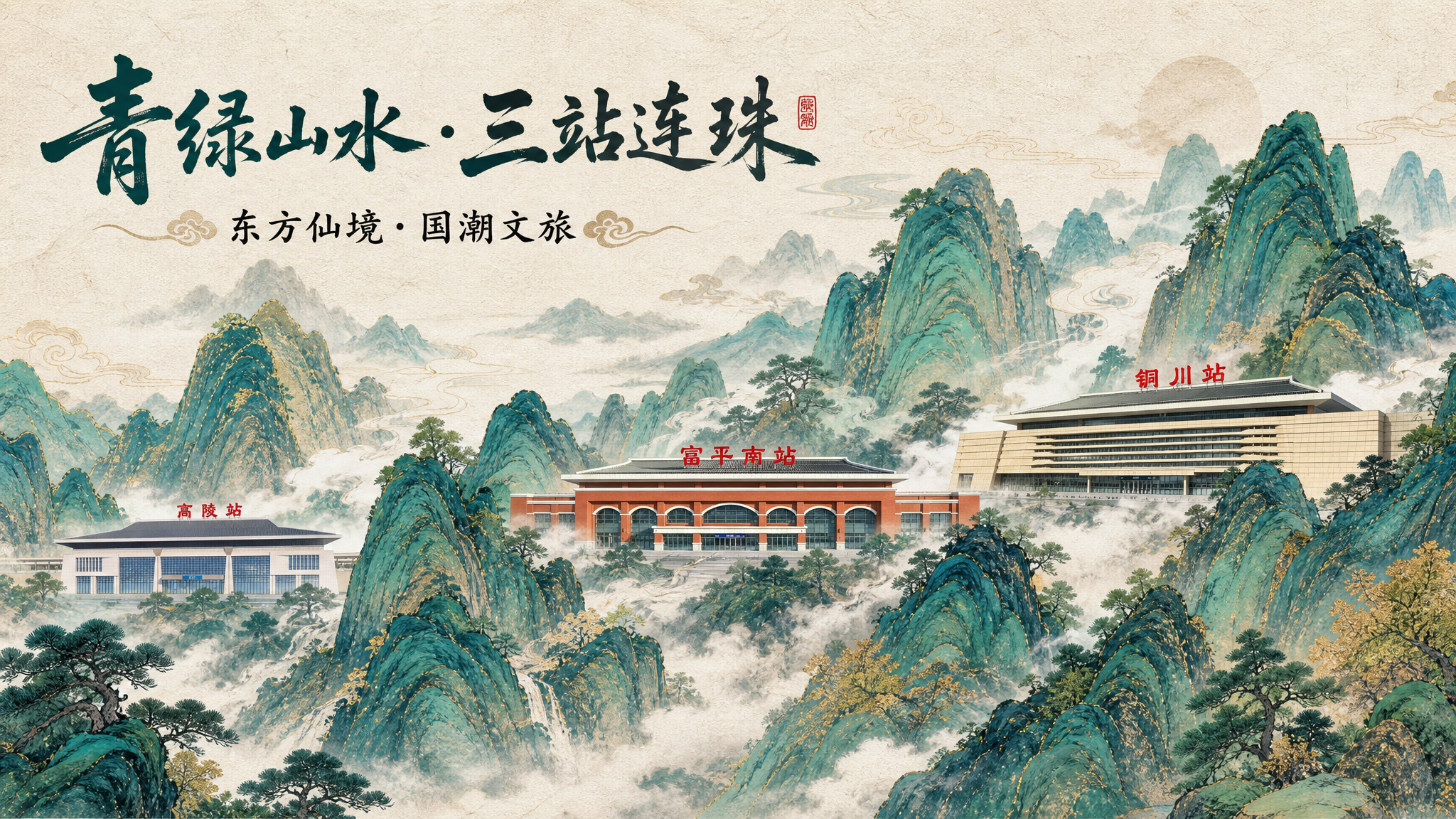 新中式青绿山水海报，水墨丹青风格，宣纸肌理质感，石青石绿矿物颜… - 图片创意预览