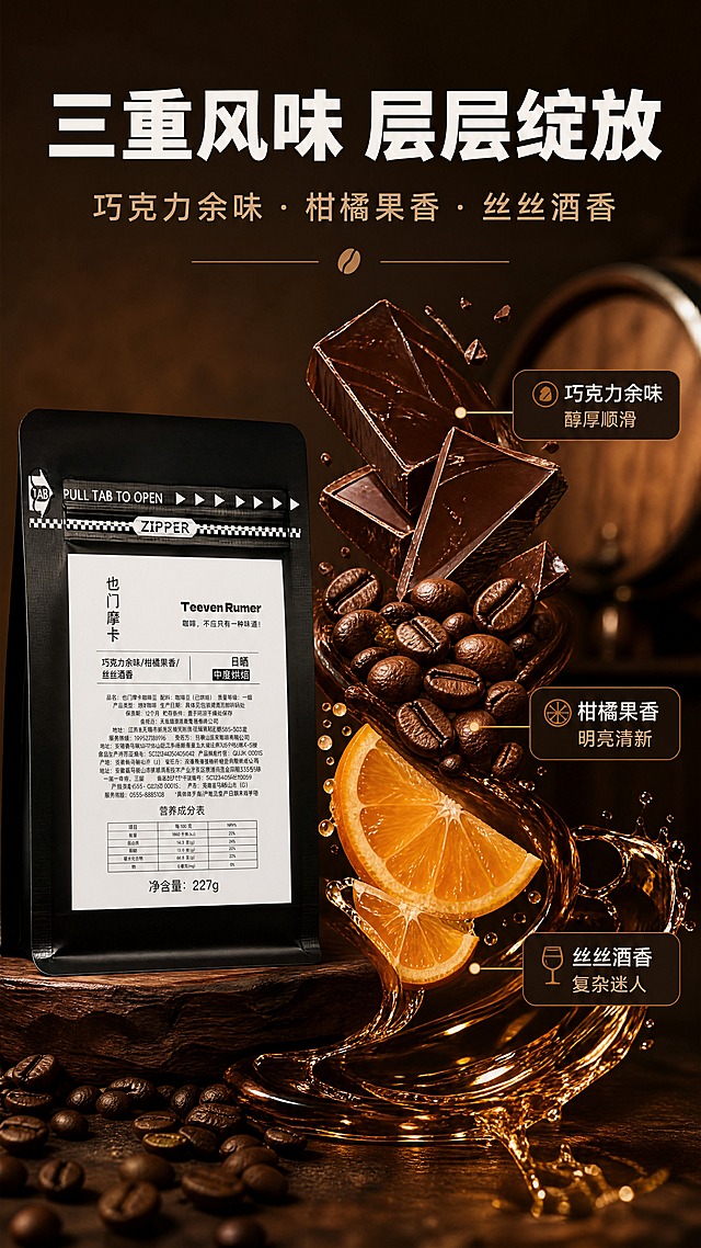 [商品] 使用【图1】Teeven Rumer 也门摩卡咖啡豆包装袋置于左侧中部作产品露出；保留包装外观与文字原貌，清晰化处理。
[画面] 目标：第3张 风味层次展示，放大巧克力余味、柑橘果香、丝丝酒香三大风味记忆点。构图：左产品+右风味意象，左右分栏（左3右7）；左侧立放产品包装袋，占画面约30%；右侧为三大风味意象的创意组合：深棕色黑巧克力块（带光泽）、新鲜柑橘切片（汁水饱满）、琥珀色酒液涟漪（或橡木桶元素虚化），三者以艺术化方式环绕排布，中间叠加烘焙咖啡豆特写；整体画面饱满，风味元素占主视觉约60%，营造丰富口感联想。
[视觉] 套系策略：风格=精品咖啡高级商业摄影风，暖调电影感；标题字=现代无衬线粗体（思源黑体Heavy类）；正文字=简洁无衬线体（思源黑体Regular类）；主色=深咖啡棕（#3B2418）；背景延展=基于深咖啡棕做深浅层级、同色渐变与木质/纸张质感延展；强调色=金棕色（#C68A4E），仅用于小面积风味icon、引线、标签底纹与局部高光；标题色=奶白色（#F5EFE6）；正文色=浅米咖（#D9C7B0）；组件=圆角深棕信息卡、细金线引线、咖啡豆形icon；光影=侧上方暖柔光，巧克力与柑橘表面有诱人高光，整体氛围温暖有食欲。
[文字] 顶部主标题："三重风味 层层绽放"；副标题："巧克力余味 · 柑橘果香 · 丝丝酒香"；右侧三个风味标签分别引线标注："① 巧克力余味 醇厚顺滑""② 柑橘果香 明亮清新""③ 丝丝酒香 复杂迷人"；全部横排，文字不遮挡产品主体与核心风味元素。
[规格] 图片比例9:16竖版，4K，负向提示：避免风味元素失真、文字竖排、冷蓝背景、包装变形、绝对化用语。