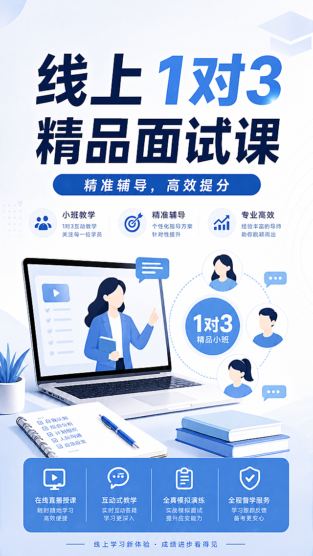 删除图片顶部的“专注学习成长 助力未来无限可能”文字，把蓝色按钮中的“笔试定门槛 面试定生死”修改为“精准辅导，高效提分”，保持原海报其他内容和整体蓝白简约教育风格不变