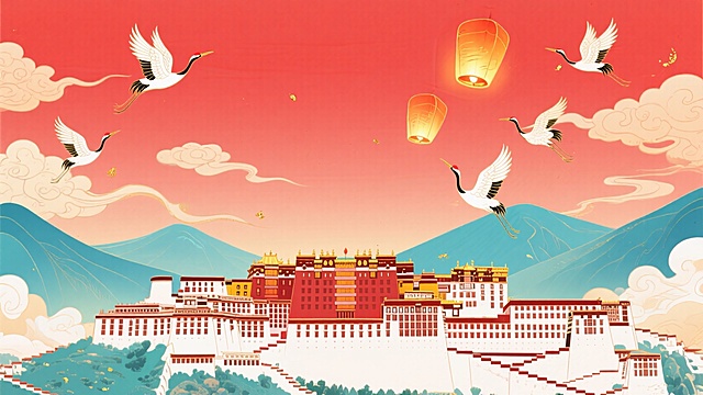 画面底部居中呈现布达拉宫，简约的背景，有仙鹤、飘飞的孔明灯、山脉和祥云点缀，红色为主色调，青色点缀，整体营造出喜庆、富有传统韵味且充满节日氛围的视觉效果。