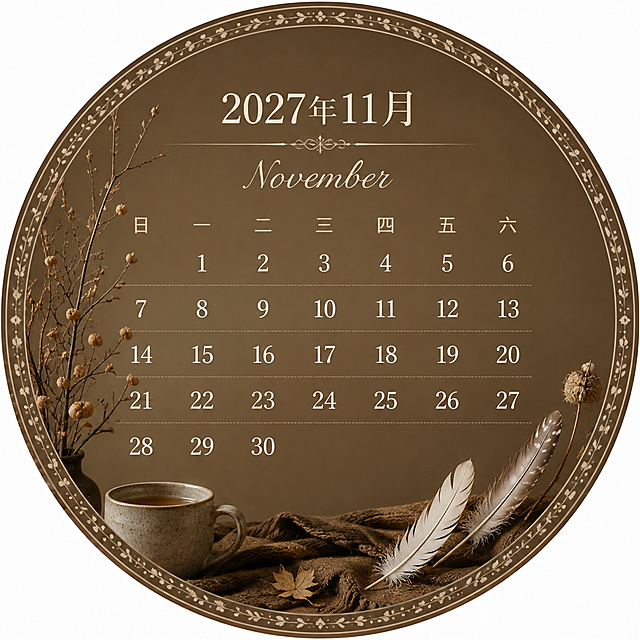 2027年11月圆形日历设计，整体为正圆形构图，圆形内包含完整的11月日历。顶部显示"2027年11月"和"November"中英文月份标题，字体优雅。日历部分：星期从周日到周六排列，日期数字清晰工整，11月1日是星期一，11月有30天。圆形背景采用沉稳的棕褐色调，带有初冬的枯枝、羽毛和暖茶装饰元素，边缘有精致的圆形花纹边框。整体风格简约现代、清新雅致，高清细节，适合打印和数字使用。