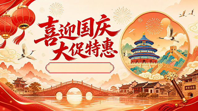 国风新中式插画风格，小程序顶部banner横幅，横版16:9。主色调红色庆祝、欢乐、干净。画面左侧大红灯笼悬挂，祥云缭绕，仙鹤飞翔，远山层叠，烟花绽放。中央主标题大字："喜迎国庆 大促特惠"，副标题文字框保留但去除文字内容，字体为红色粗体国风书法体，主标题文字清晰醒目。画面右侧有一把国风团扇，扇面内绘有天坛、长城等国庆元素。底部融入新桥古镇元素：古桥、岭南古建筑剪影、湖水。整体红金配色，米白渐变背景，干净喜庆，版式精美，适合做小程序顶部banner，2K超高清