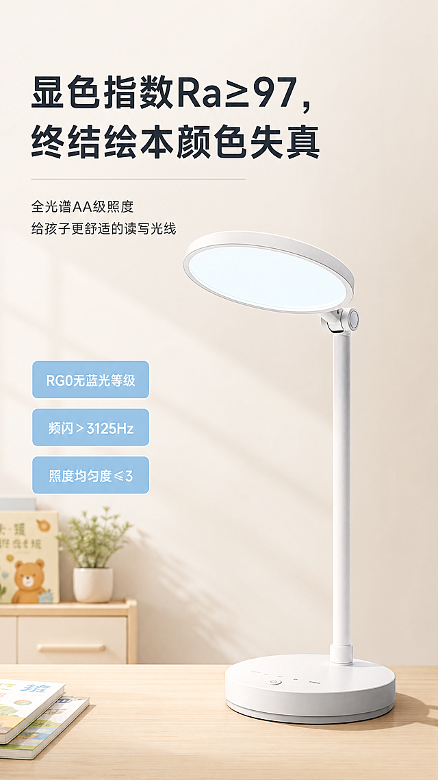 请为“全光谱护眼台灯”撰写详情页，核心卖点为“无蓝光危害、无可视频闪、高显指”。目标人群是担心孩子视力的家长。

硬性要求：

1. 禁用词：不得出现“防近视”“缓解眼疲劳”“护眼灯”（因法规禁用），改用“AA级照度”“高显色性”“低蓝光特性”
2. 必须包含数据：显色指数Ra≥97、RG0无蓝光危害等级、无可视频闪（频率＞3125Hz）、照度均匀度≤3
3. 证据呈现：用“权威检测报告+实拍对比图”替代纯文字宣传

内容结构：

1. 标题：数字+痛点（例：显色指数Ra97，为何绘本颜色失真可以终结了）
2. 场景：孩子写作业揉眼睛、书本反光刺眼
3. 原理图解文字说明：LED芯片结构如何过滤有害蓝光
4. 对比表格：普通台灯 vs 本产品（照度/频闪/显色/蓝光等级四行）