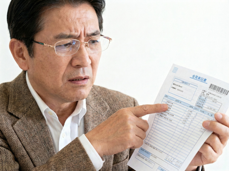 把图里中年女性替换成中年男性，带着眼镜看账单，但是看不清，一脸困惑预览效果